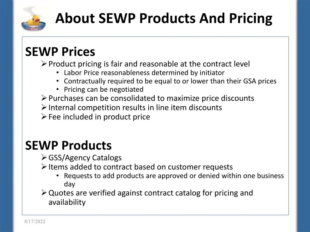 about sewp products and pricing