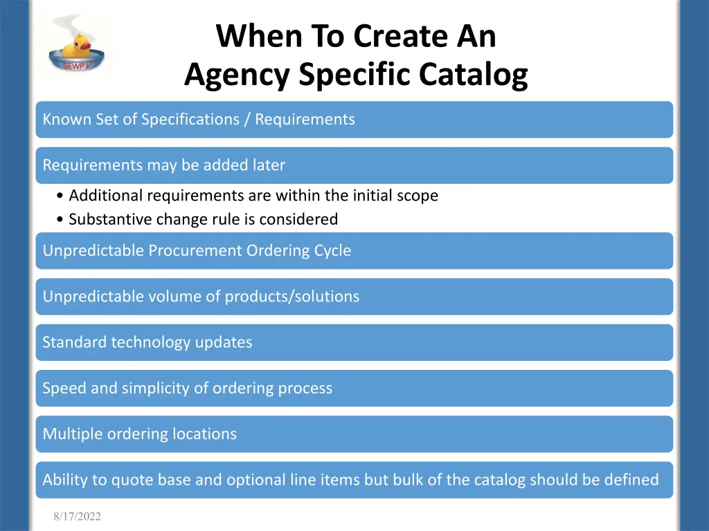 when to create an agency specific catalog