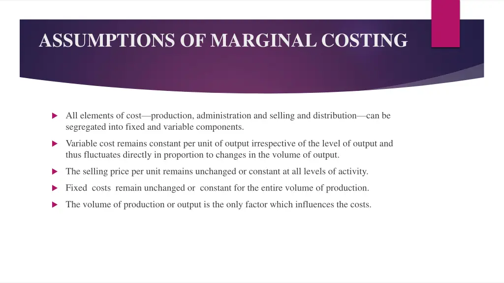 assumptions of marginal costing