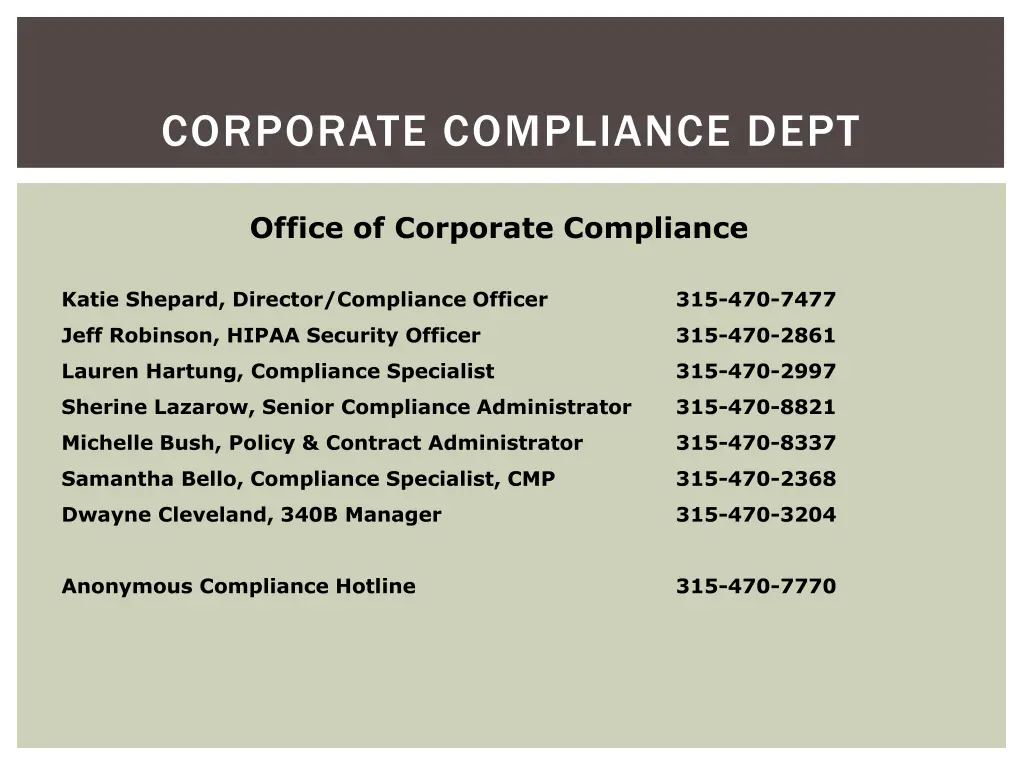 corporate compliance dept