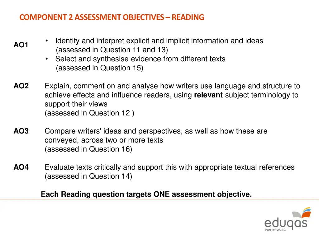 component 2 assessment objectives reading