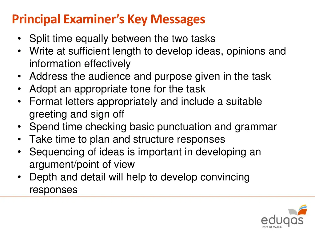 principal examiner s key messages split time