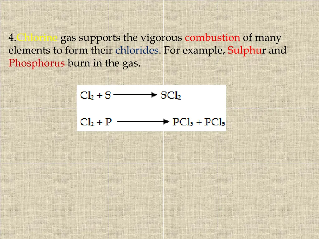 4 chlorine gas supports the vigorous combustion