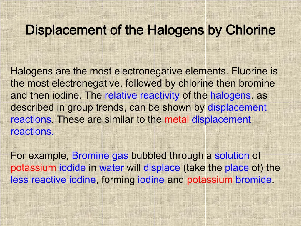 displacement of the halogens by chlorine