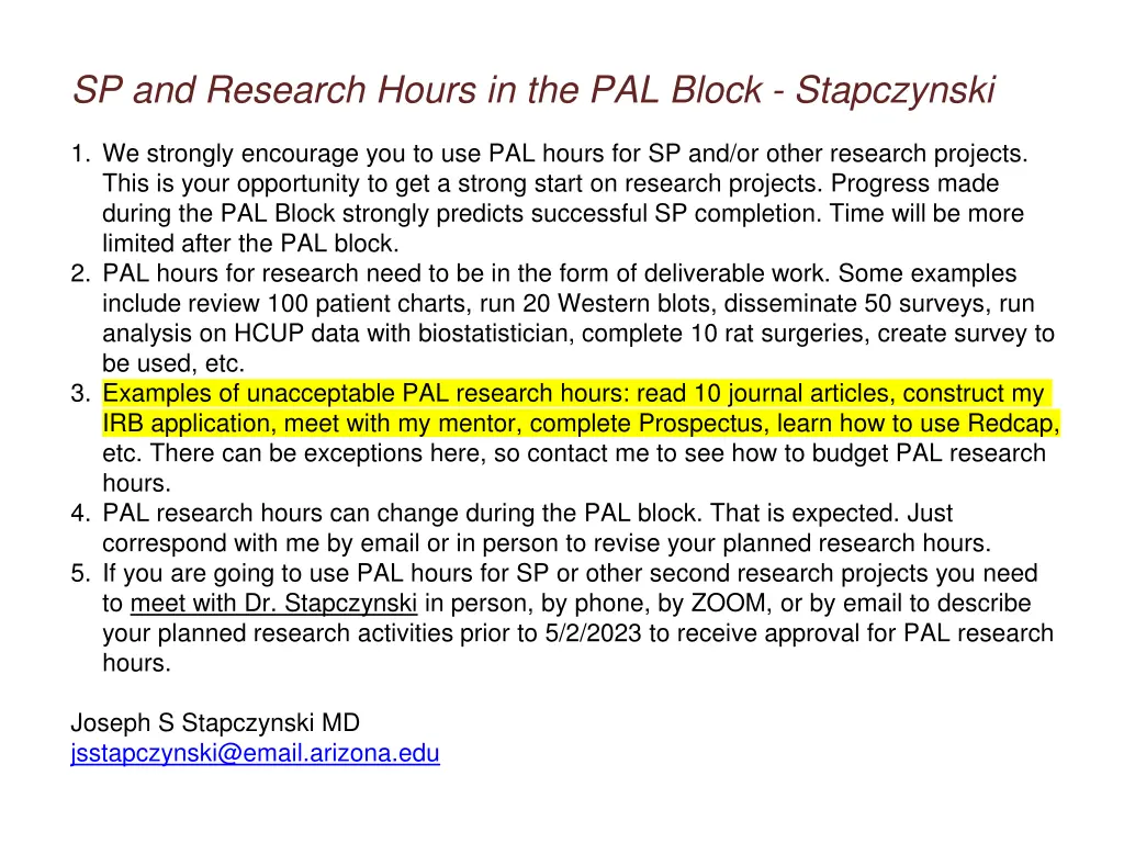 sp and research hours in the pal block stapczynski