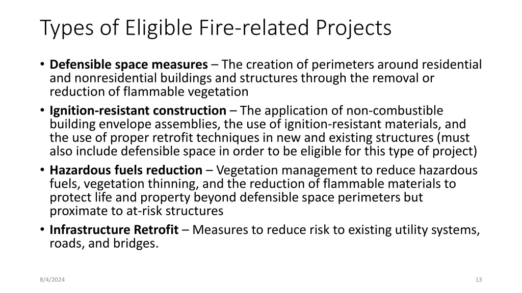 types of eligible fire related projects