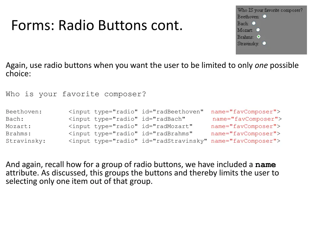 forms radio buttons cont