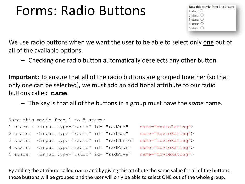 forms radio buttons