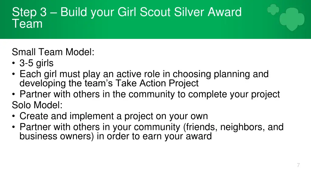 step 3 build your girl scout silver award team