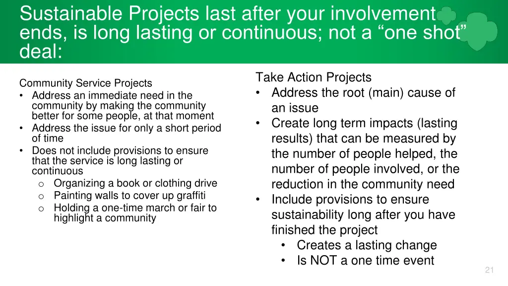 sustainable projects last after your involvement