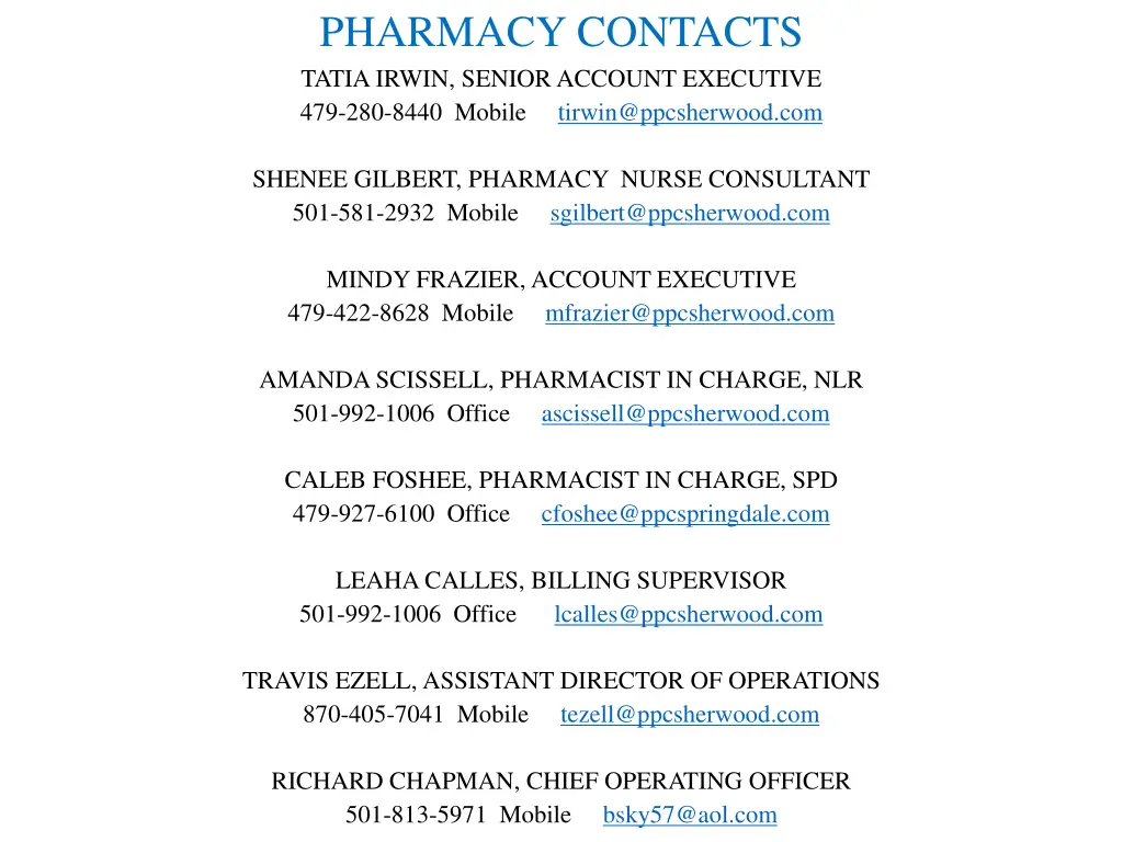 pharmacy contacts tatia irwin senior account