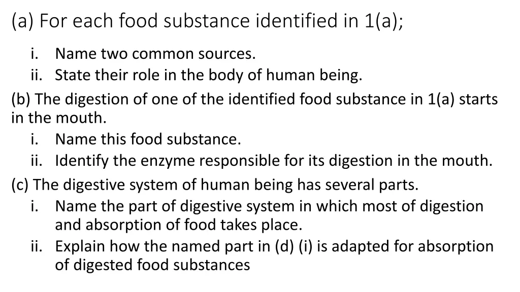 a for each food substance identified in 1 a