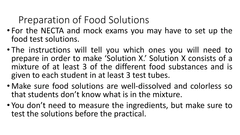 preparation of food solutions for the necta