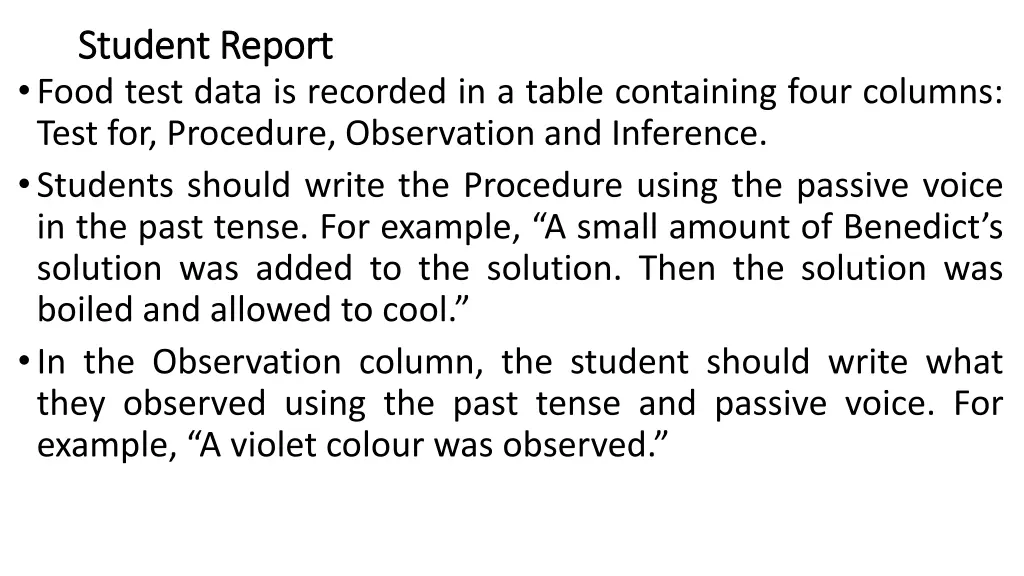 student report student report food test data