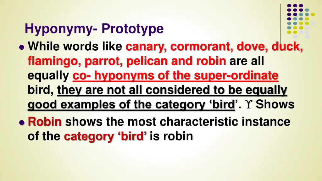 hyponymy prototype while words like canary