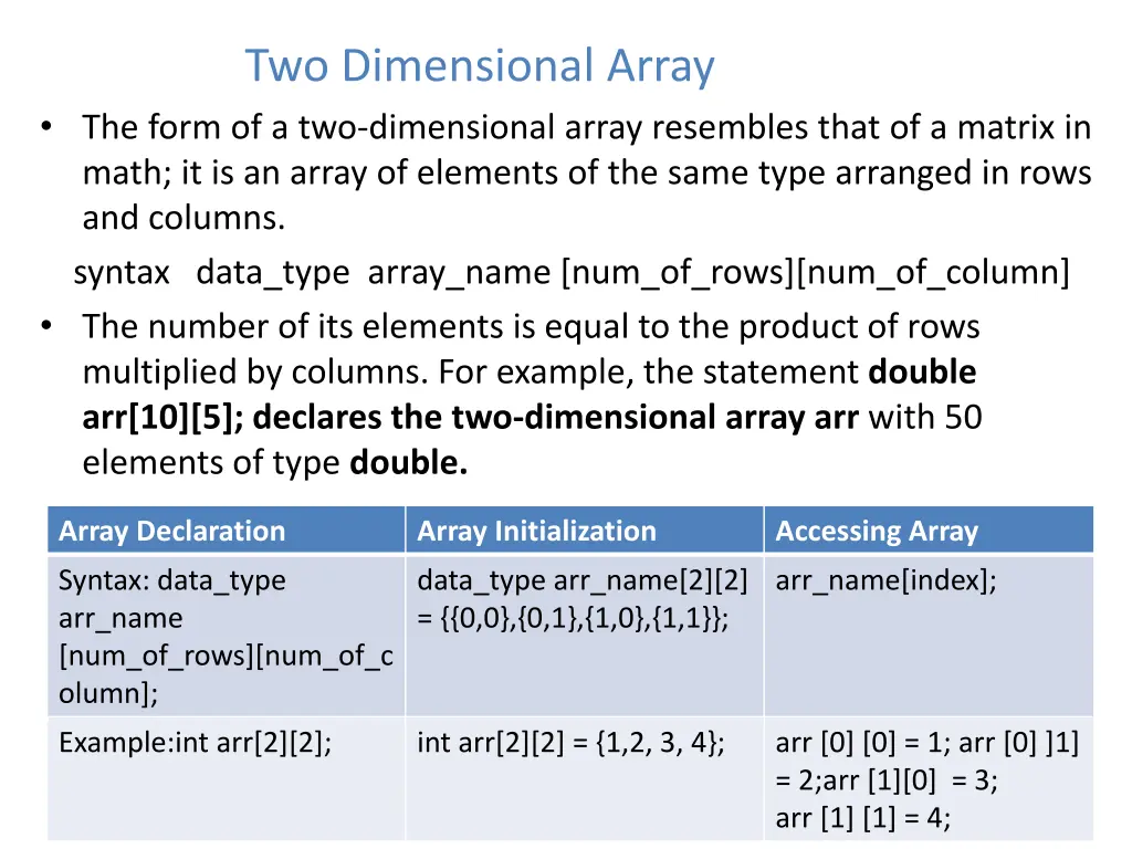 two dimensional array the form