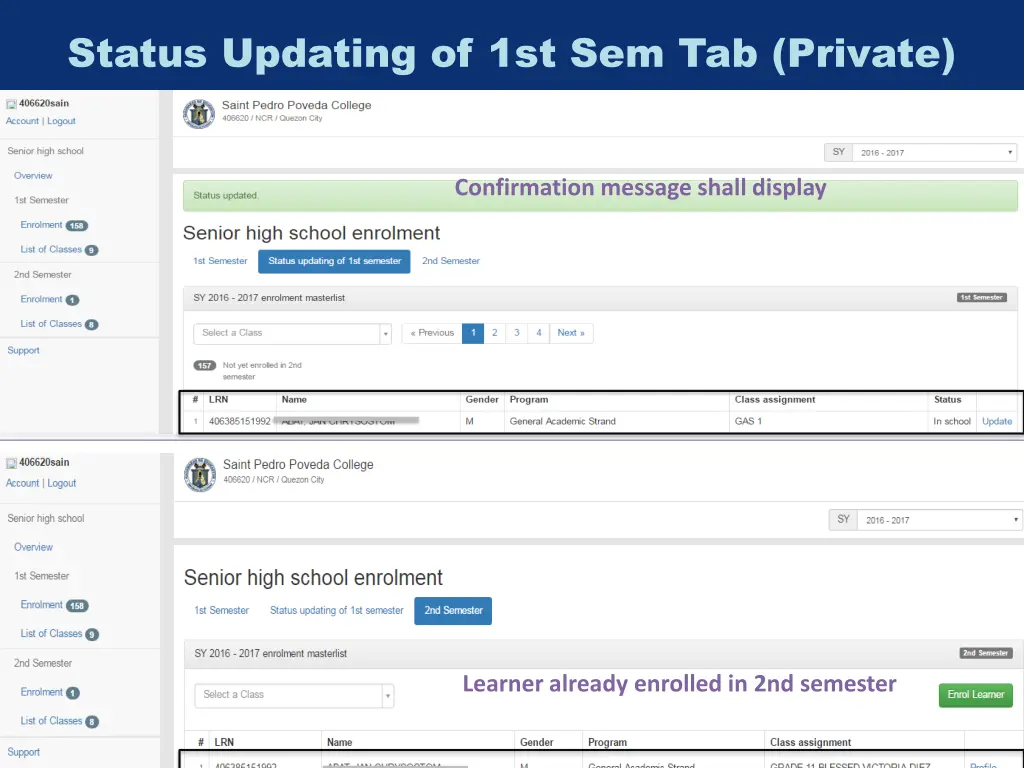 status updating of 1st sem tab private 3