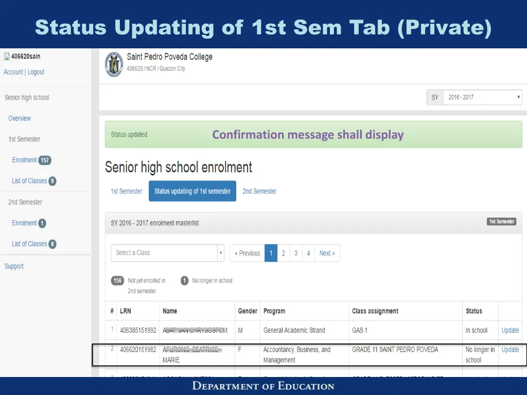 status updating of 1st sem tab private 5