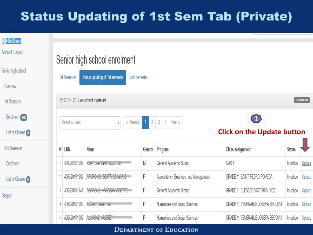 status updating of 1st sem tab private