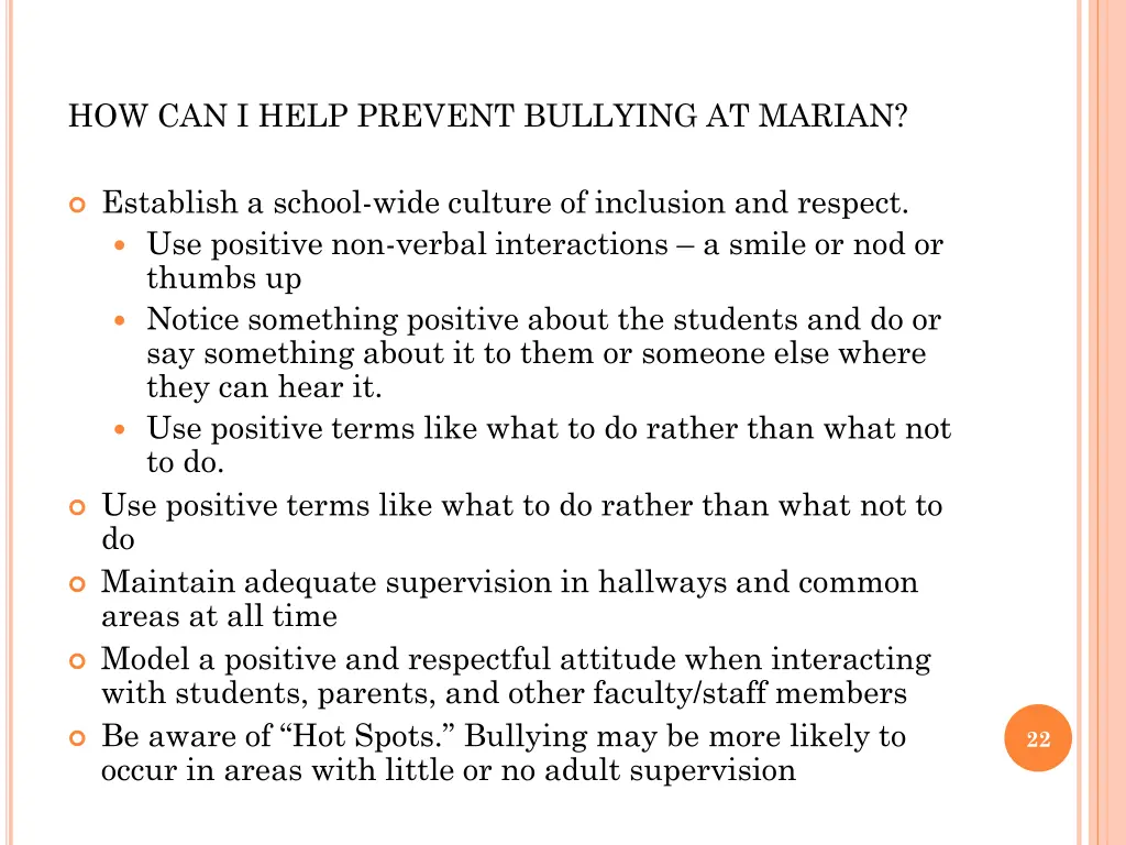 how can i help prevent bullying at marian