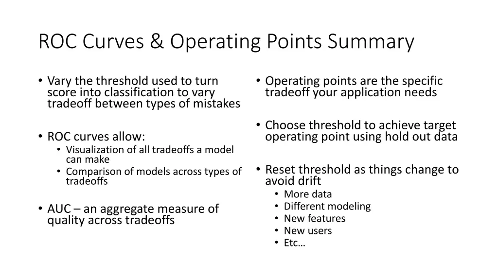 roc curves operating points summary