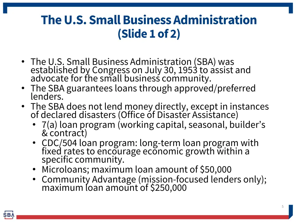 the u s small business administration slide 1 of 2