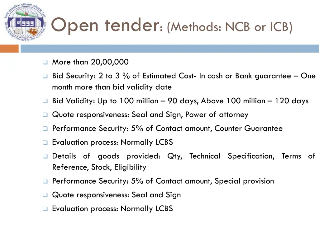 open tender methods ncb or icb 1