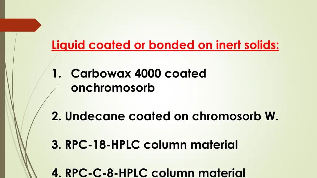 liquid coated or bonded on inert solids