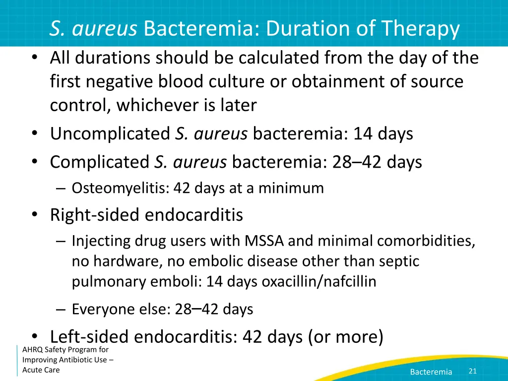 s aureus bacteremia duration of therapy