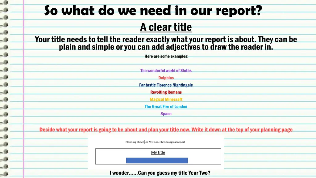 so what do we need in our report a clear title