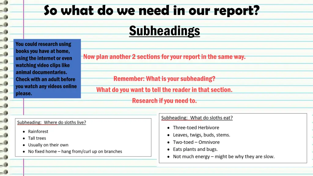 so what do we need in our report subheadings 1