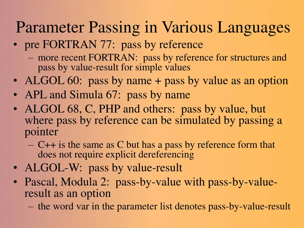 parameter passing in various languages