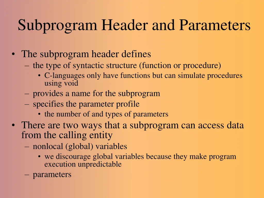 subprogram header and parameters