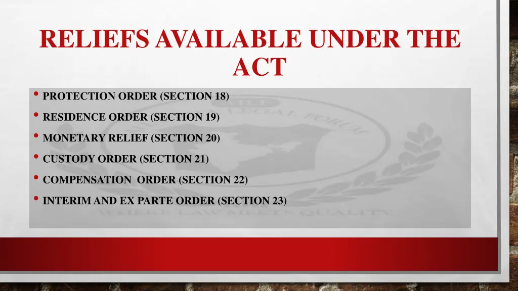 reliefs available under the act protection order