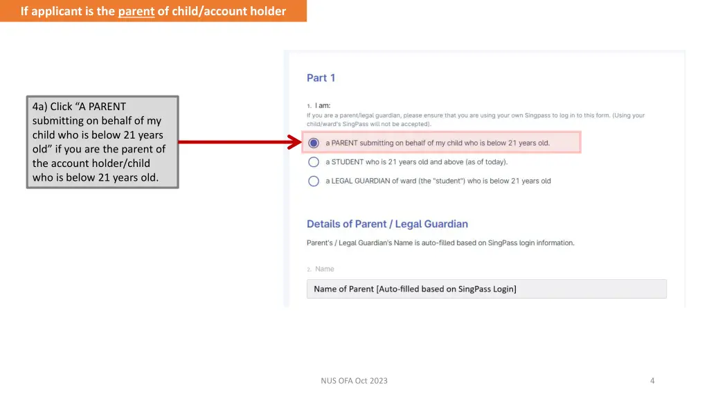 if applicant is the parent of child account holder