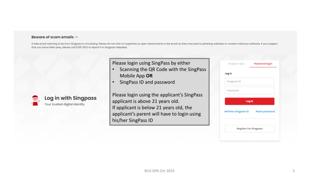 please login using singpass by either scanning