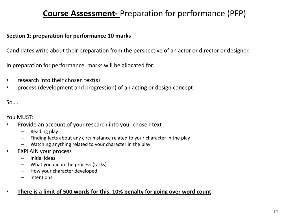 course assessment preparation for performance pfp