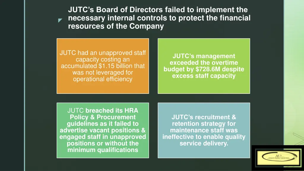 jutc s board of directors failed to implement