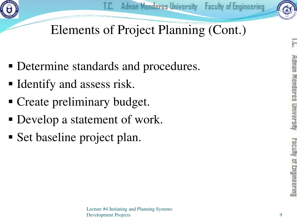 elements of project planning cont