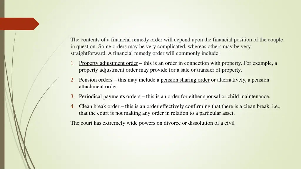 the contents of a financial remedy order will