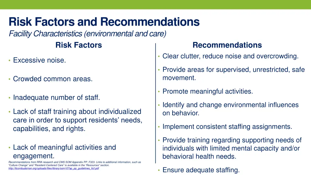 risk factors and recommendations facility