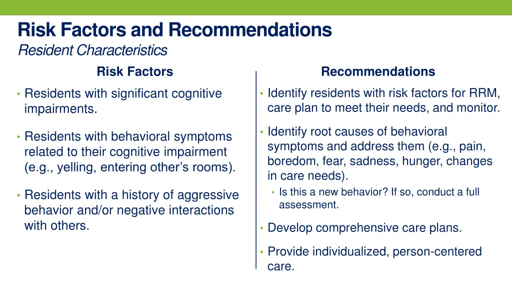 risk factors and recommendations resident