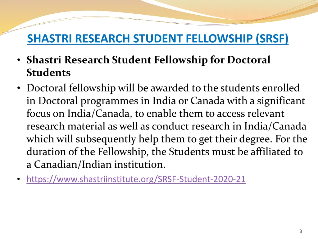 shastri research student fellowship srsf