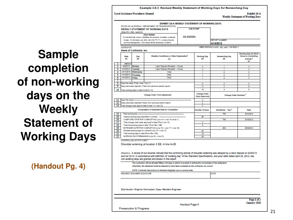 sample completion of non working days