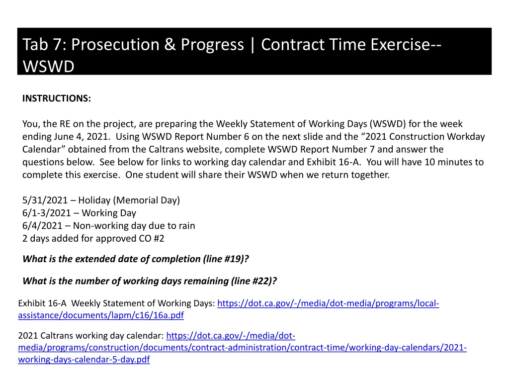 tab 7 prosecution progress contract time exercise