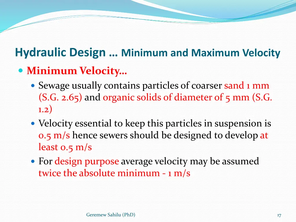 hydraulic design minimum and maximum velocity 2