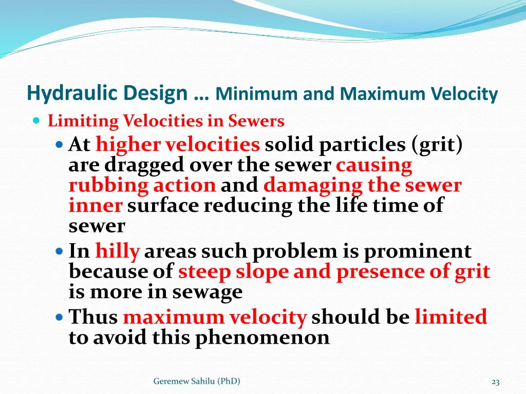 hydraulic design minimum and maximum velocity 6