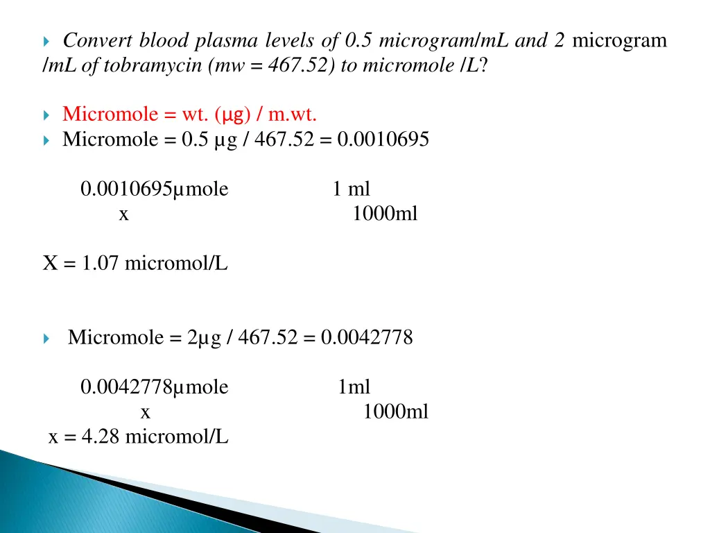 convert blood plasma levels of 0 5 microgram