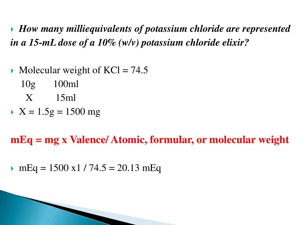 how many milliequivalents of potassium chloride