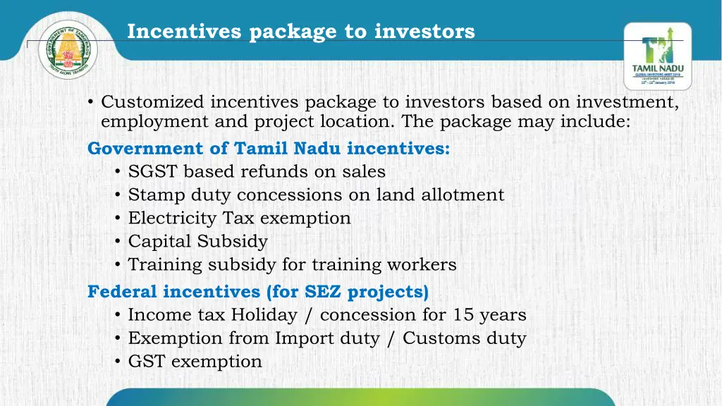 incentives package to investors